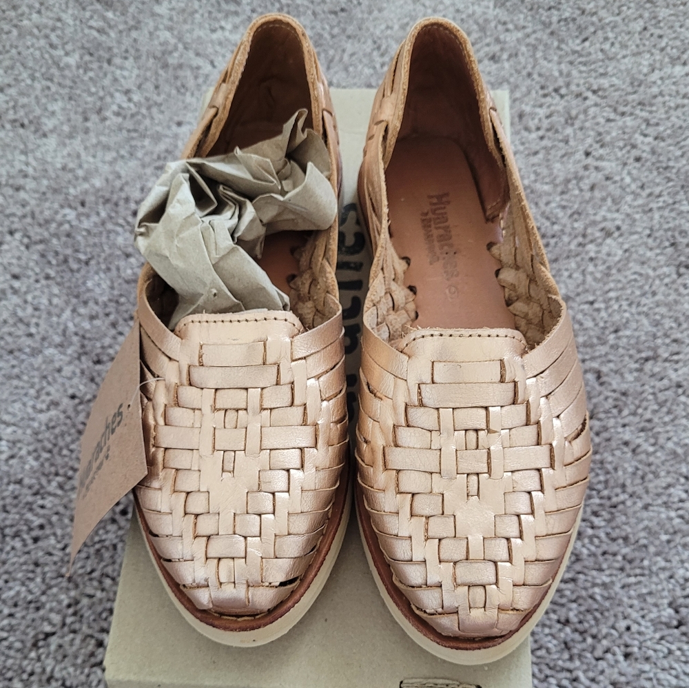 Bearpaw Huaraches Woven Leather Slip-On Womens Flats Metallic Rose Sandals Shoes